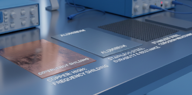 EMC shielding materials comparison showing conductive foam, copper tape, and RF absorber options